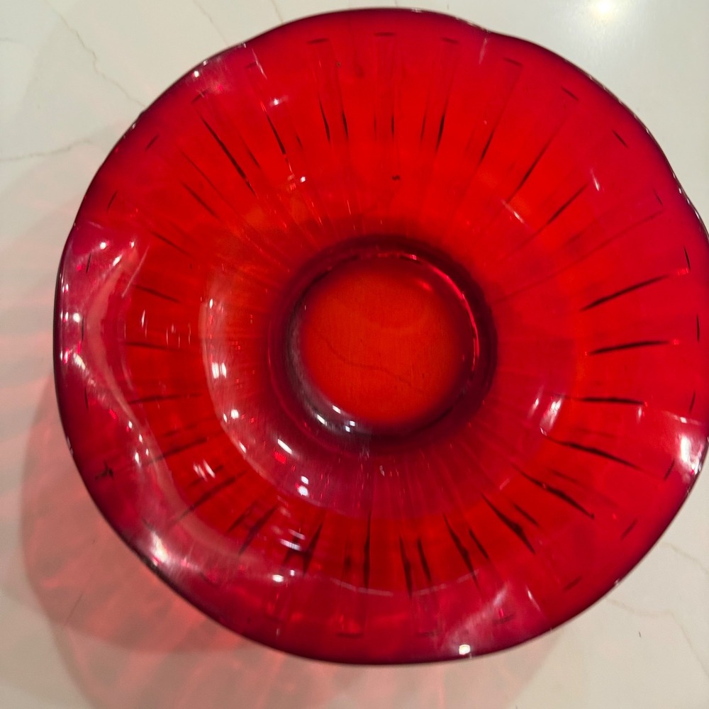 Fenton Ruby Red Ribbed Glass Bowl Scalloped Edge Fluted Mid-Century Modern